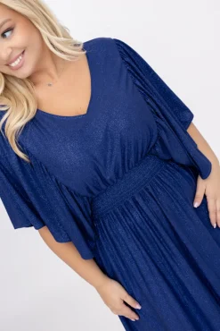 Polski Granatowa Sukienka brokatowa z marszczeniem SILVINO