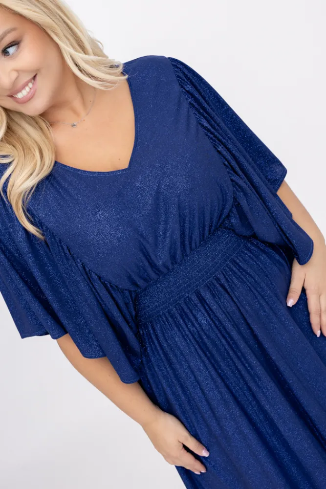 Polski Granatowa Sukienka brokatowa z marszczeniem SILVINO