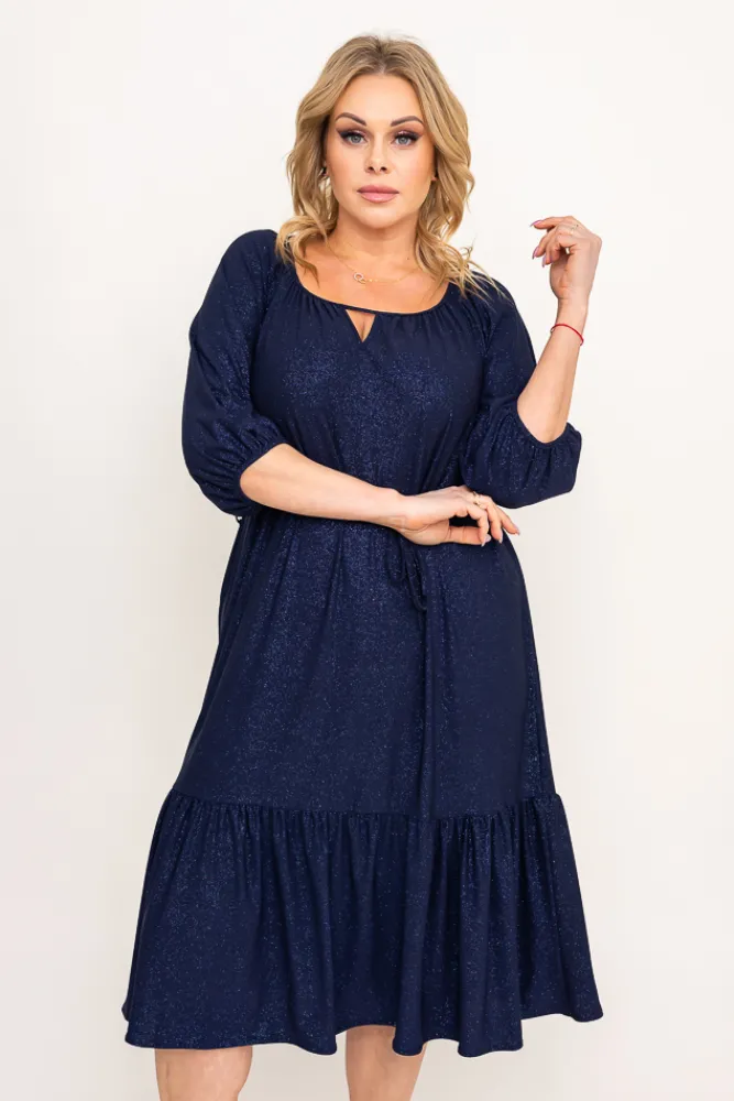 Polski Granatowa Sukienka brokatowa z paskiem PENTUZI