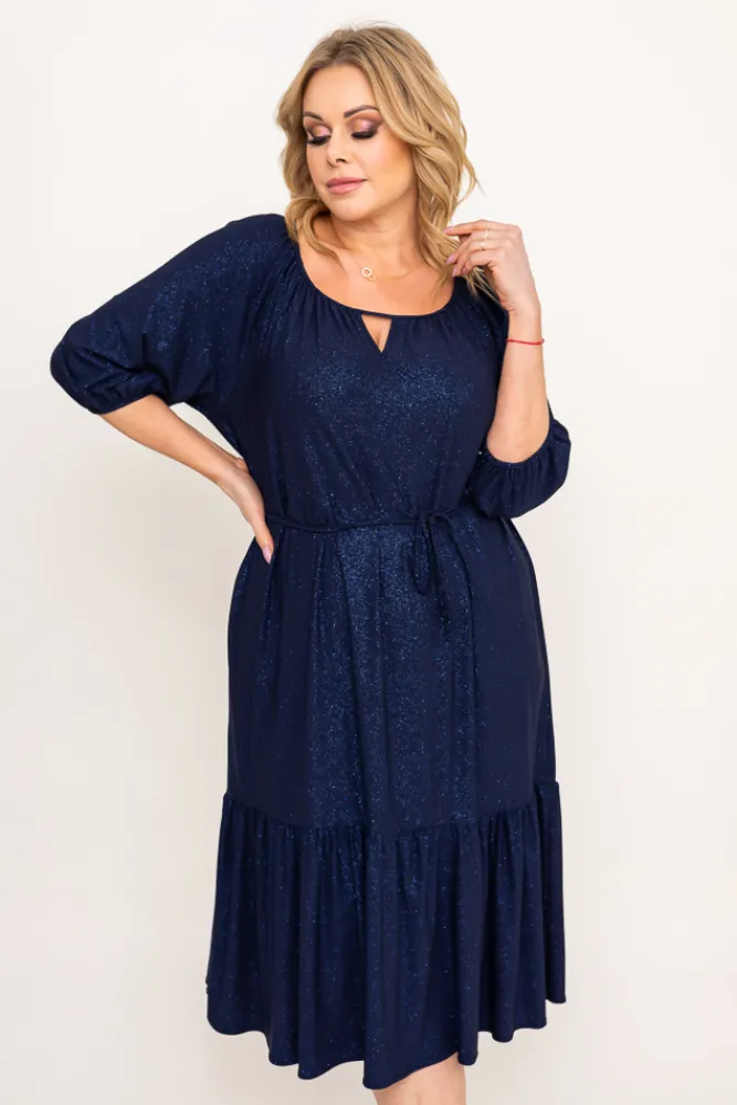 Polski Granatowa Sukienka brokatowa z paskiem PENTUZI