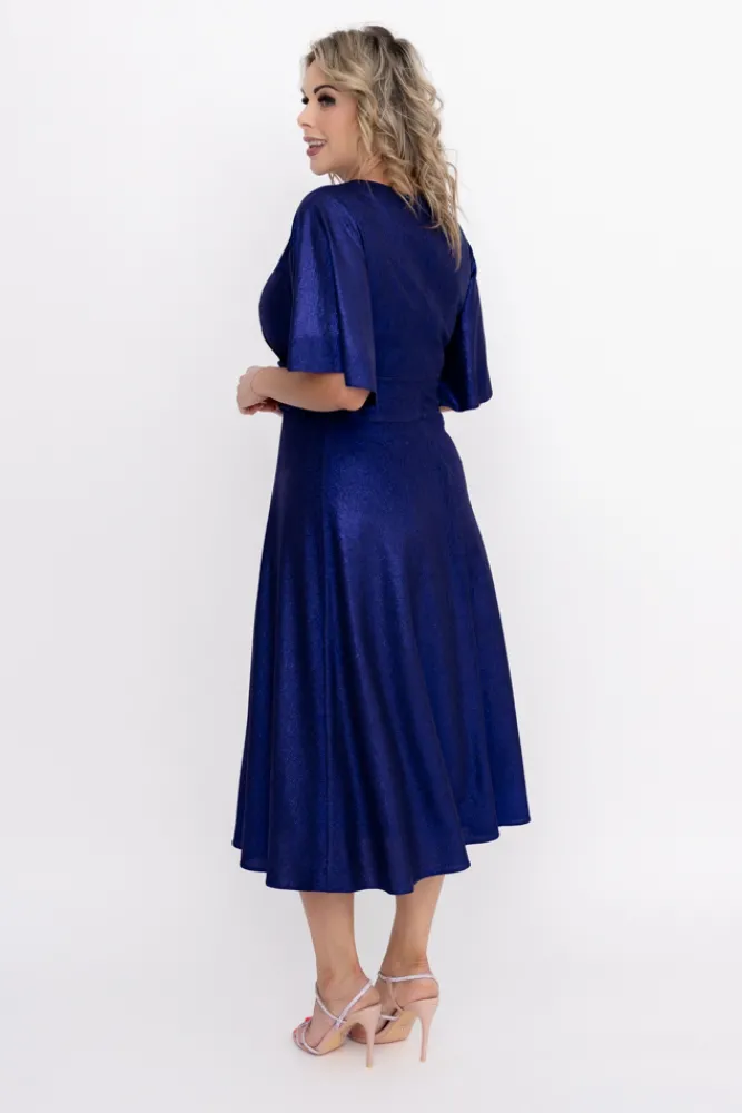 Polski Granatowa Sukienka błyszcząca z marszczeniem RICOTO