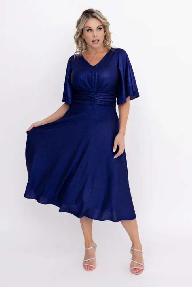 Polski Granatowa Sukienka błyszcząca z marszczeniem RICOTO