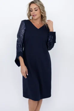 Polski Granatowa Sukienka z cekinowymi rękawami KASTELLA Wzór 2
