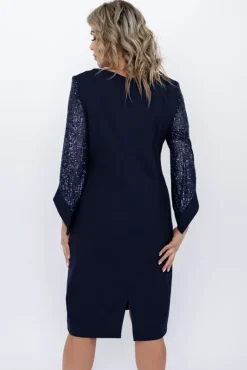 Polski Granatowa Sukienka z cekinowymi rękawami KASTELLA Wzór 2