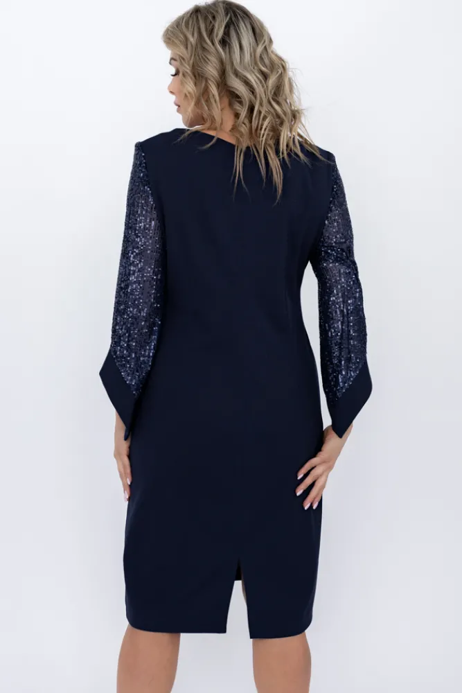 Polski Granatowa Sukienka z cekinowymi rękawami KASTELLA Wzór 2