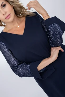 Polski Granatowa Sukienka z cekinowymi rękawami KASTELLA Wzór 2