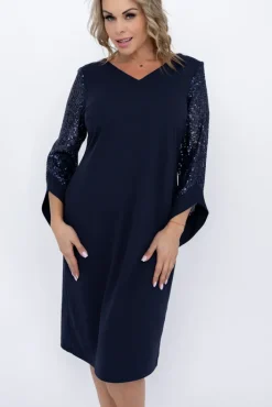 Polski Granatowa Sukienka z cekinowymi rękawami KASTELLA Wzór 2
