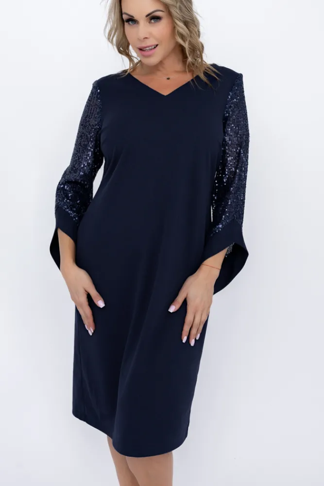 Polski Granatowa Sukienka z cekinowymi rękawami KASTELLA Wzór 2