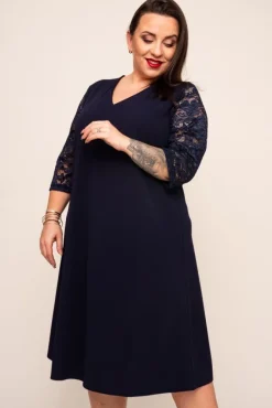 Polski Granatowa Sukienka z koronkowym rękawem EVE
