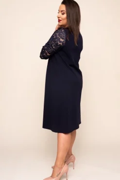Polski Granatowa Sukienka z koronkowym rękawem EVE