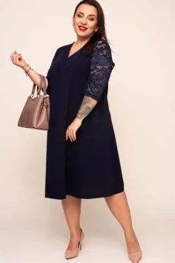 Polski Granatowa Sukienka z koronkowym rękawem EVE