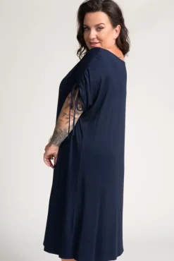 Polski Granatowa Sukienka z marszczonymi rękawami PIRESA