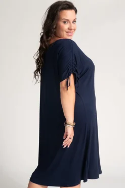 Polski Granatowa Sukienka z marszczonymi rękawami PIRESA