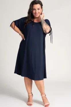 Polski Granatowa Sukienka z marszczonymi rękawami PIRESA