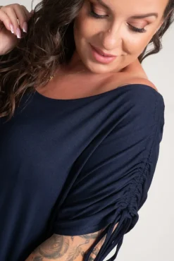 Polski Granatowa Sukienka z marszczonymi rękawami PIRESA