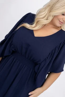 Polski Granatowa Sukienka z marszczeniem VELUZINO