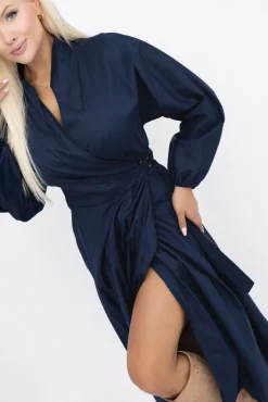 Włoski Granatowa Sukienka z wiązaniem SIMENTUI