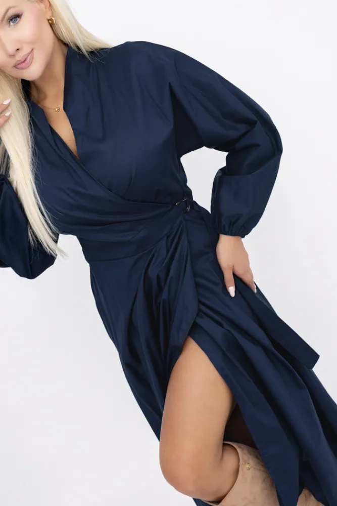 Włoski Granatowa Sukienka z wiązaniem SIMENTUI