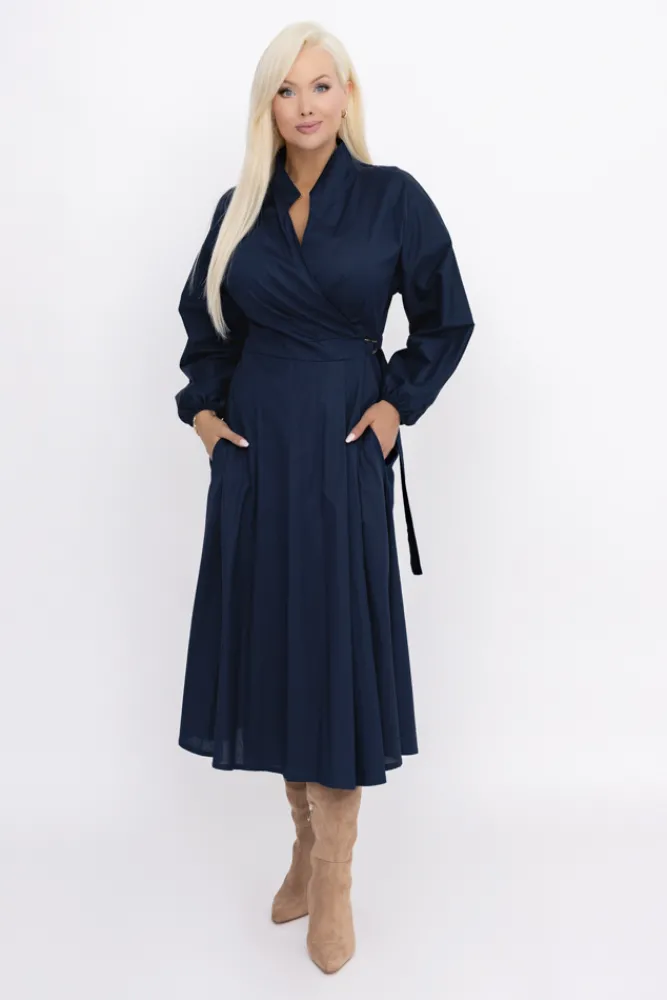 Włoski Granatowa Sukienka z wiązaniem SIMENTUI