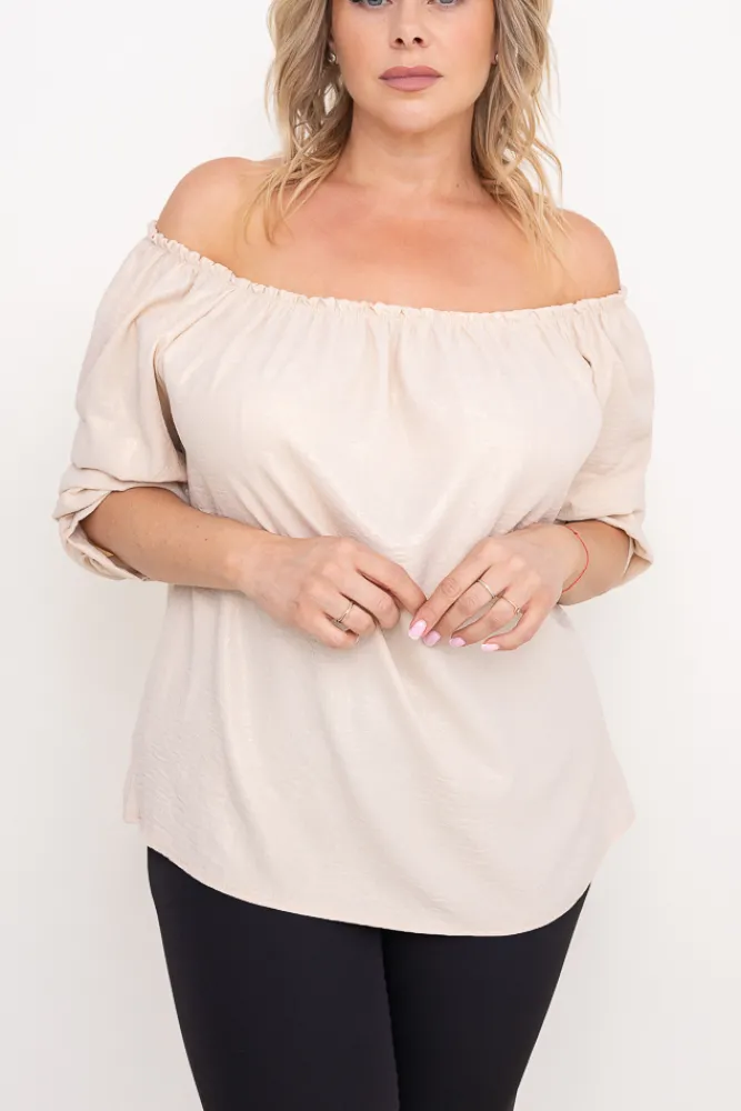 Damskie Włoski Jasnobeżowa błyszcząca Bluzka z marszczonymi rękawami VENSI