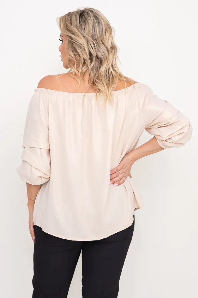 Damskie Włoski Jasnobeżowa błyszcząca Bluzka z marszczonymi rękawami VENSI