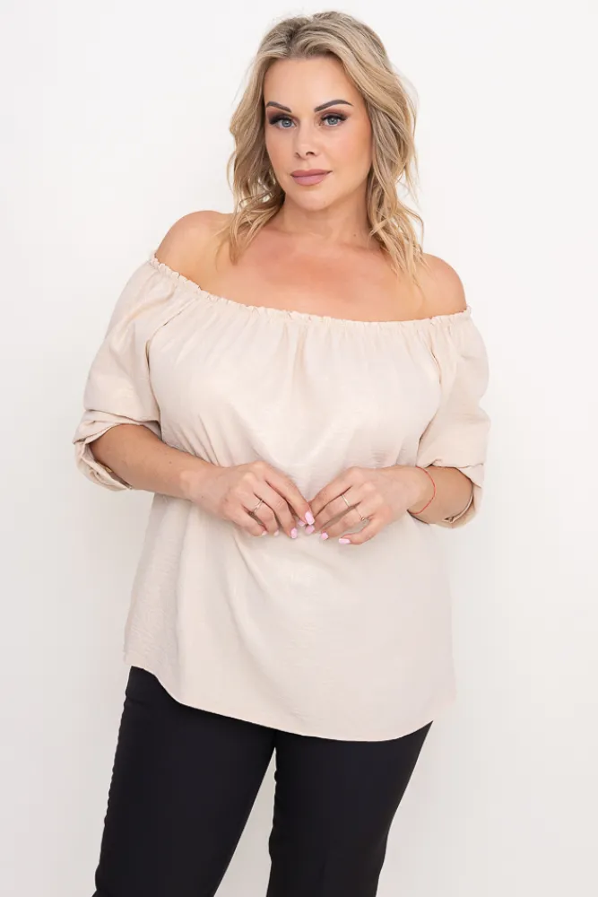 Damskie Włoski Jasnobeżowa błyszcząca Bluzka z marszczonymi rękawami VENSI