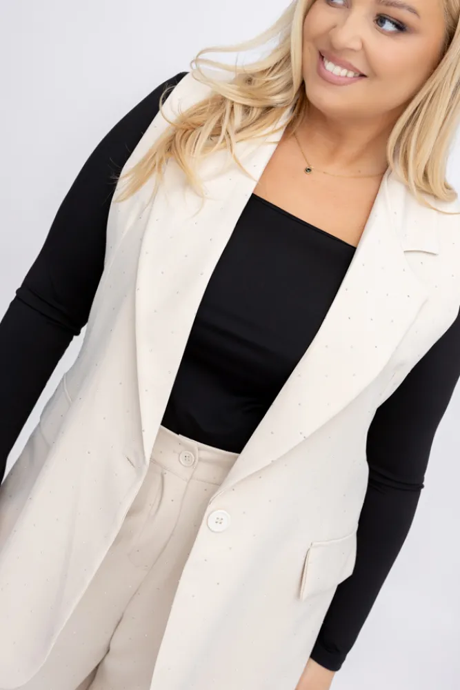 Włoski Jasnobeżowa Kamizelka elegancka z dżetami RAGI