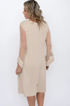 Polski Jasnobeżowa Sukienka błyszcząca z prześwitującymi rękawami MORTINO