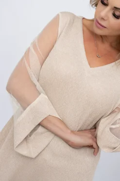 Polski Jasnobeżowa Sukienka błyszcząca z prześwitującymi rękawami MORTINO