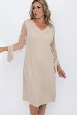 Polski Jasnobeżowa Sukienka błyszcząca z prześwitującymi rękawami MORTINO