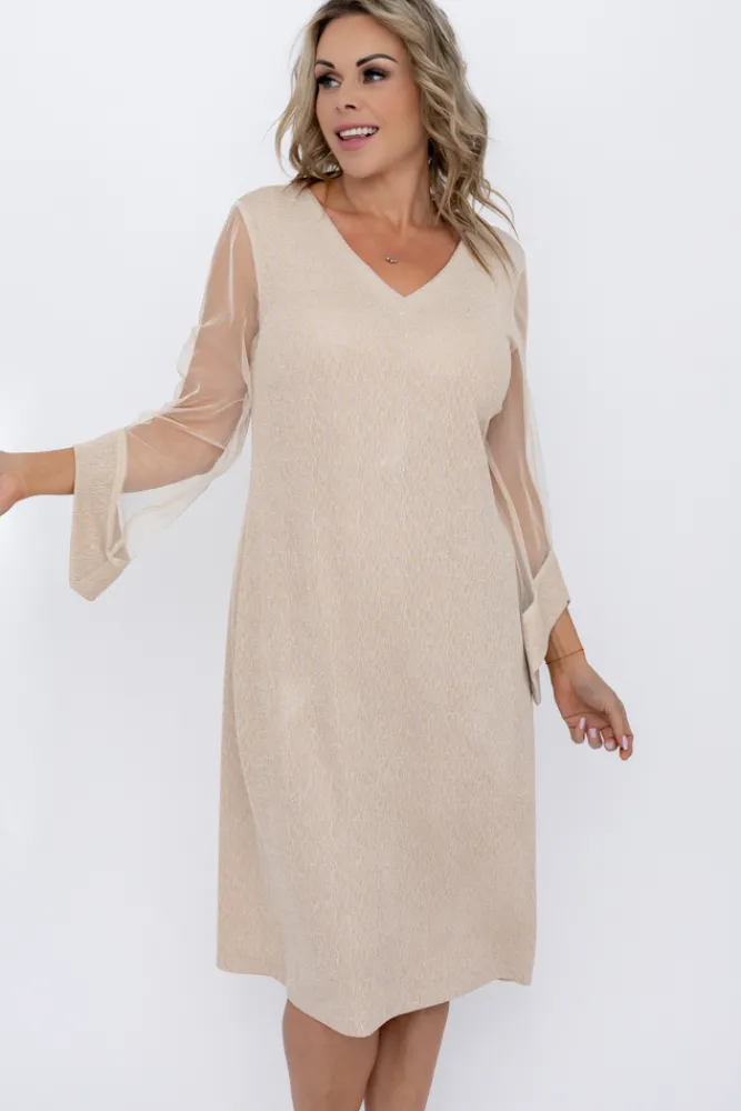 Polski Jasnobeżowa Sukienka błyszcząca z prześwitującymi rękawami MORTINO