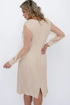 Polski Jasnobeżowa Sukienka błyszcząca z prześwitującymi rękawami FENTI