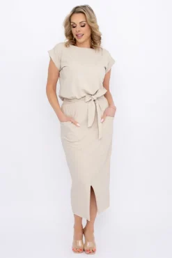 Włoski Jasnobeżowa Sukienka SAMARIA