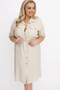 Włoski Jasnobeżowa Sukienka szmizjerka SAFERI