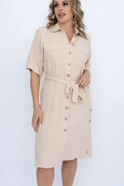 Polski Jasnobeżowa Sukienka szmizjerka SORTINEO