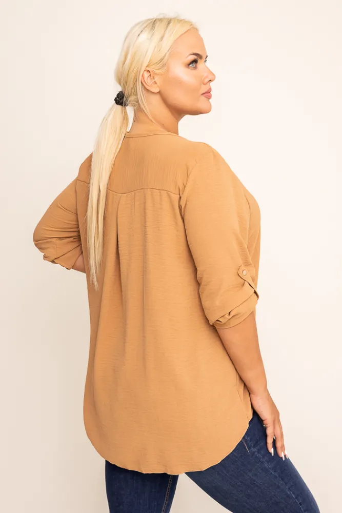 Damskie Włoski Jasnobrązowa Bluzka z rozsuwanym dekoltem MERXIO