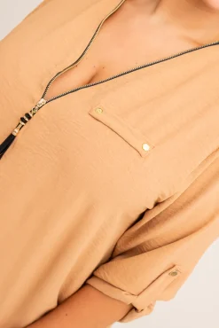 Damskie Włoski Jasnobrązowa Bluzka z rozsuwanym dekoltem MERXIO