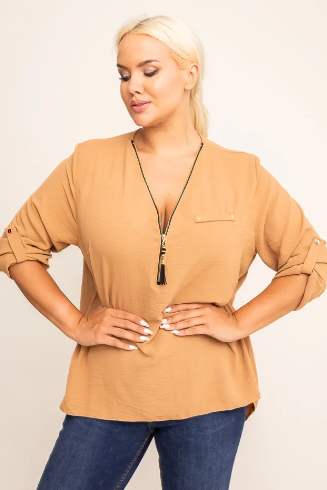 Damskie Włoski Jasnobrązowa Bluzka z rozsuwanym dekoltem MERXIO