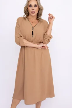 Włoski Jasnobrązowa Sukienka z rozsuwanym dekoltem VERSINA