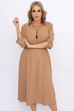 Włoski Jasnobrązowa Sukienka z rozsuwanym dekoltem VERSINA