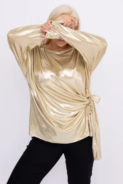 Damskie Włoski Jasnozłota Bluzka błyszcząca z wiązaniem MELODI