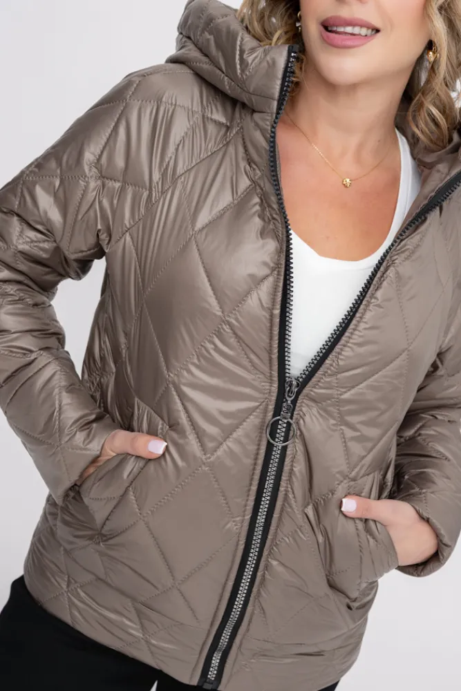 Damskie Polski Kawowa Kurtka pikowana z kapturem MERMENDI