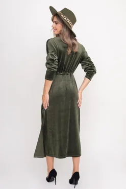 Włoski Khaki Sukienka welurowa CRYSTAL