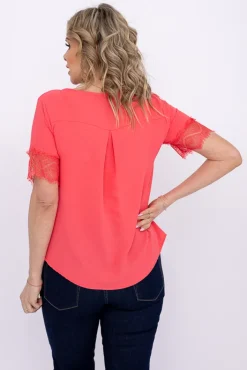 Damskie Włoski Koralowa Bluzka z koronką BISUMI