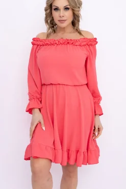 Włoski Koralowa Sukienka z falbanką SEVELIEN