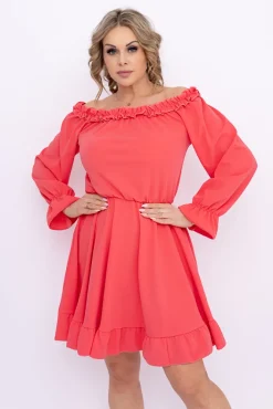 Włoski Koralowa Sukienka z falbanką MADELINA