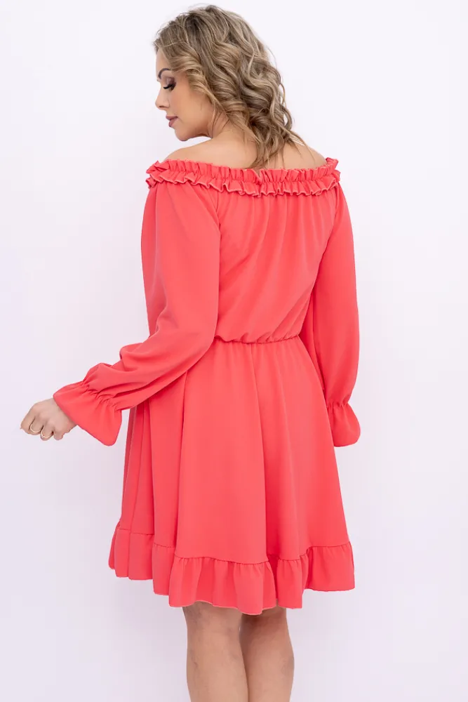 Włoski Koralowa Sukienka z falbanką MADELINA