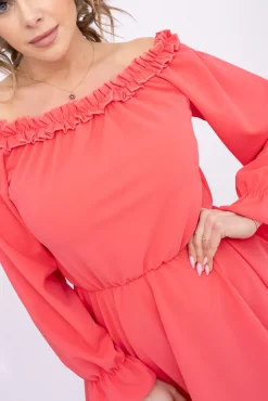 Włoski Koralowa Sukienka z falbanką MADELINA