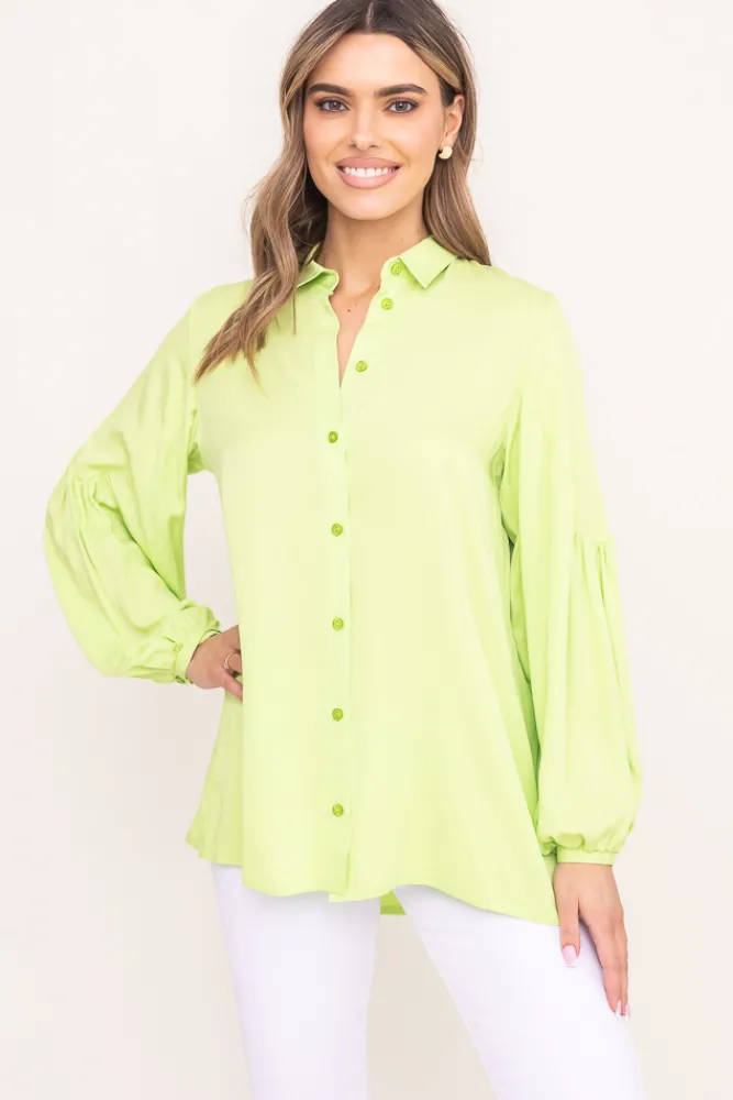 Damskie Polski Limonkowa Koszula z bufiastymi rękawami KAMI