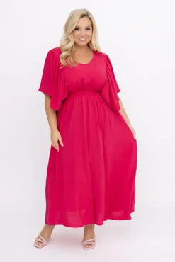 Polski Malinowa Sukienka z marszczeniem VELUZINO